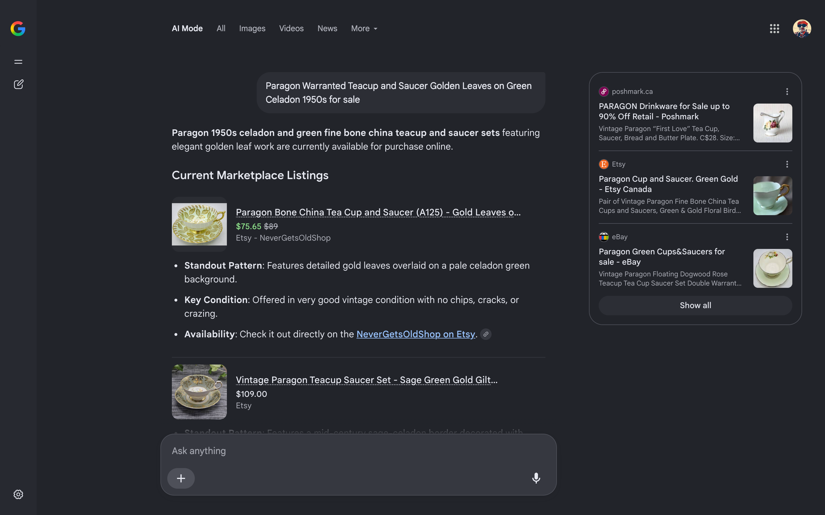 Google AI Mode citing current marketplace listings for a specific Paragon teacup and saucer, including price, struck-through original price, and condition detail, sourced from Etsy