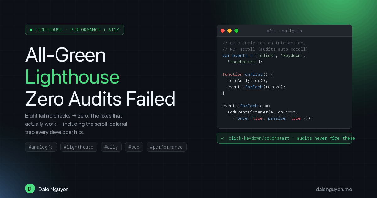 All-Green Lighthouse: How I Fixed Every Audit on My AnalogJS Blog