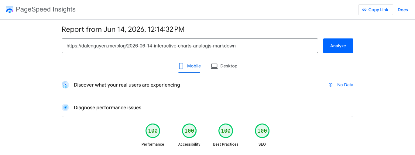 PageSpeed Insights mobile report after optimization: Performance 100, Accessibility 100, Best Practices 100, SEO 100