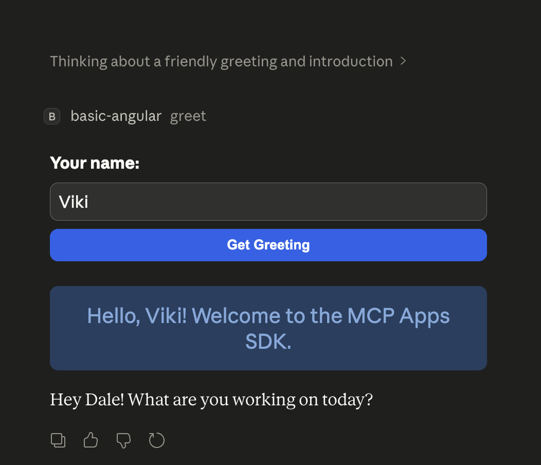 Greeting MCP App running inside Claude Desktop