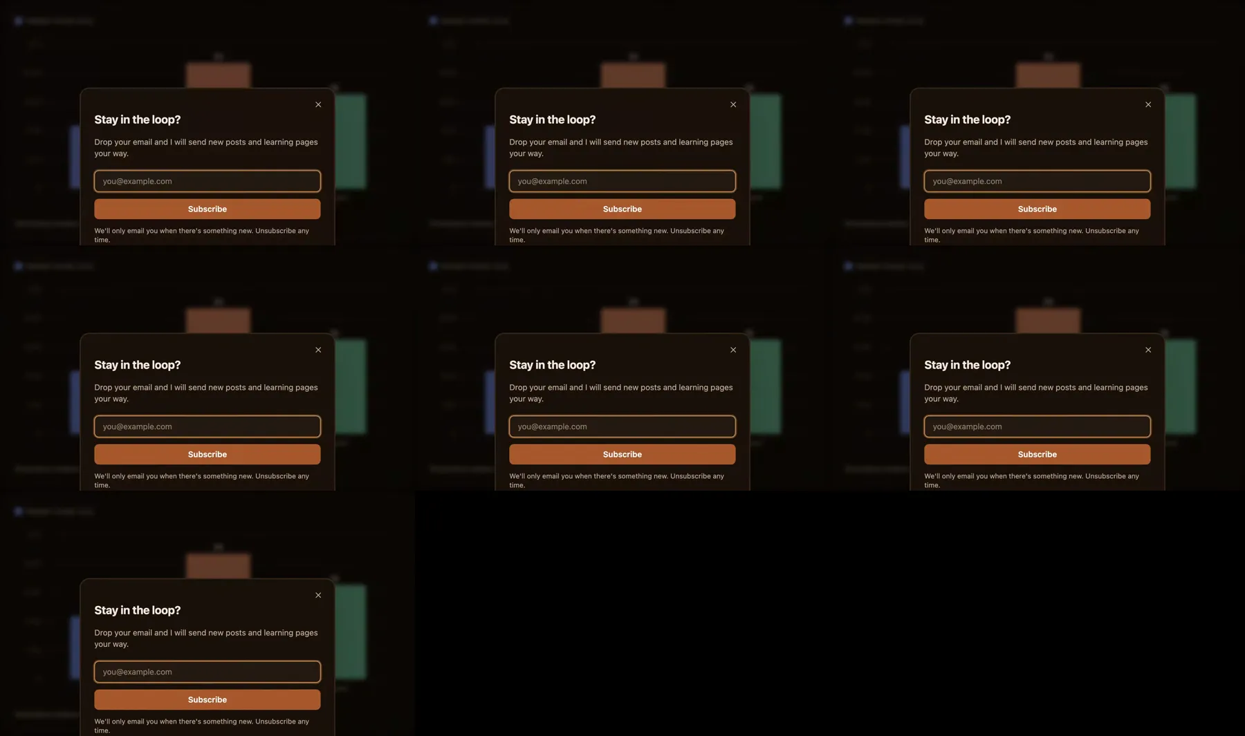 Contact sheet: a newsletter dialog covers the chart in every frame