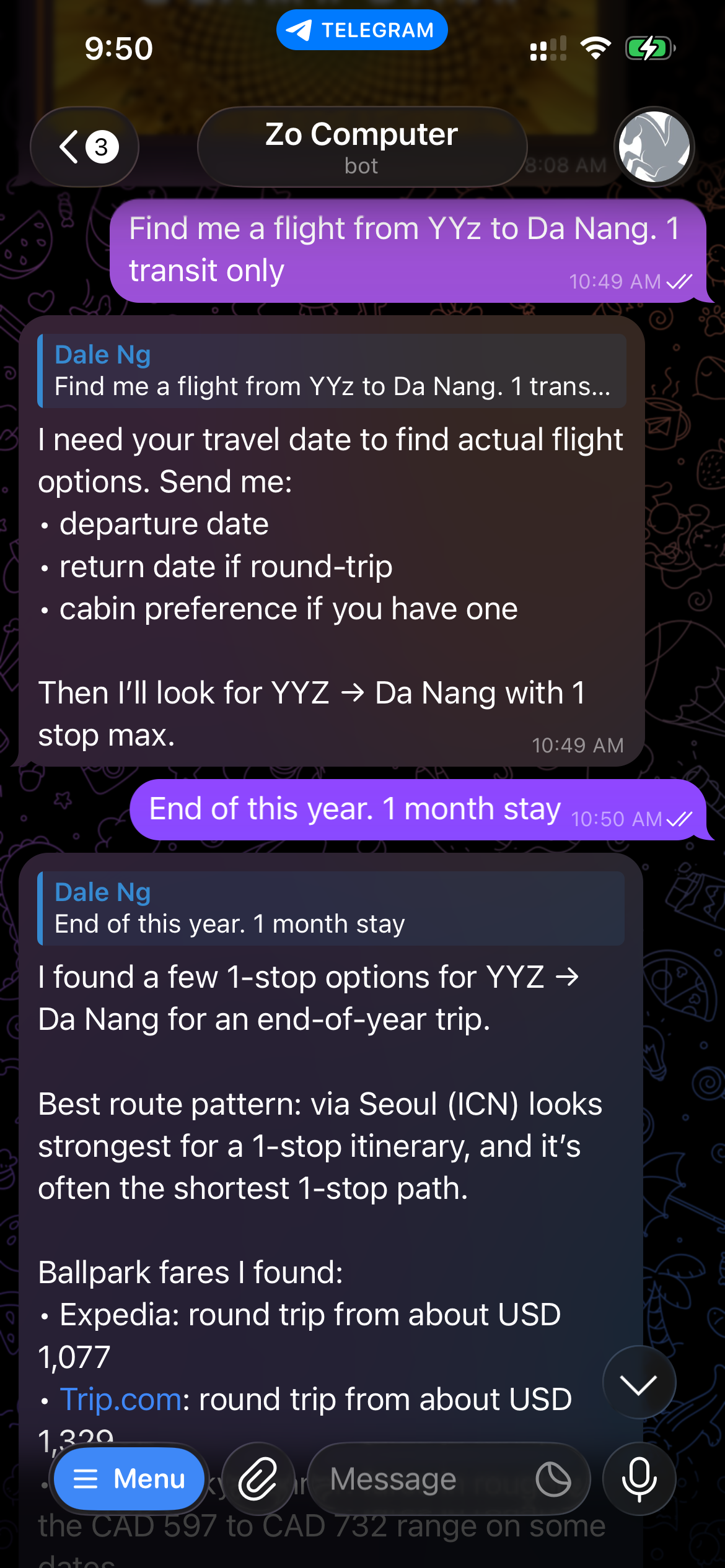 Zo Computer bot on Telegram helping find a flight from YYZ to Da Nang